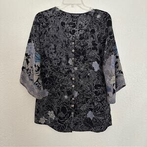 Citron Silk Floral Button Front Short Sleeve Black Top Small